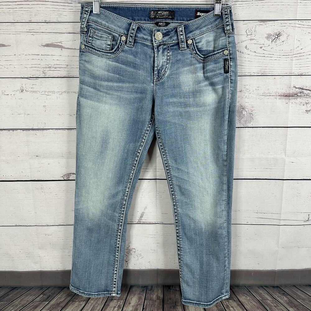 Silver Jeans Womens 29 Blue Cropped Thick Stitch Super Stretch Aiko Western